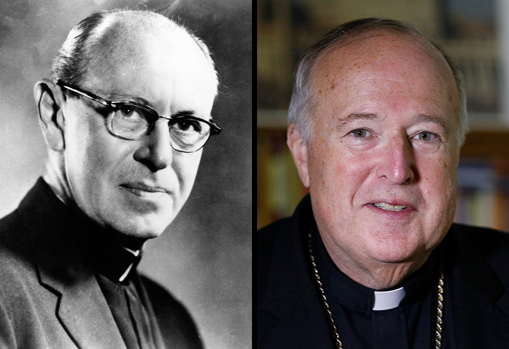 Jesuit Fr. John Courtney Murray, left, is pictured in an undated photo; at right, Bishop Robert McElroy of San Diego is pictured after an interview with Catholic News Service Oct. 27, 2019, in Rome. (CNS files/Paul Haring)