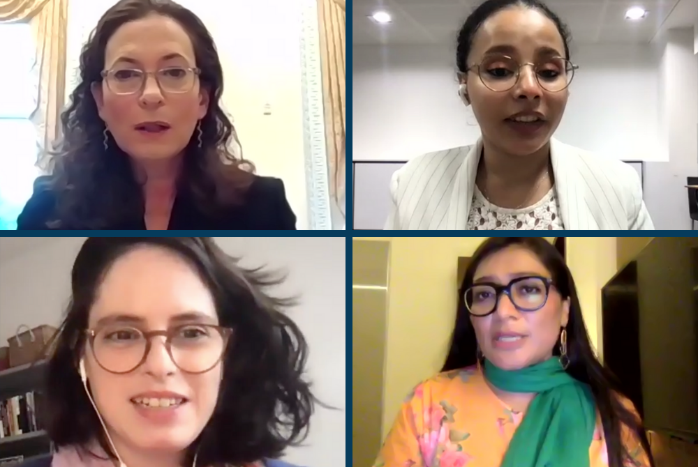 Georgetown University's online panel June 22 included (clockwise, from top left) Jennifer Klein; Fakhrriyyah Hashim; Manoela Miklos; and Nighat Dad. (NCR screenshots)