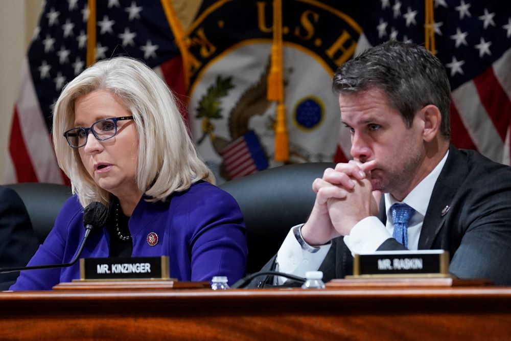 Rep. Liz Cheney, R-Wyo., and Rep. Adam Kinzinger, R-Ill., listen during an Oct. 19 meeting of the House select committee investigating the Jan. 6 attack on the U.S. Capitol. The Republican National Committee voted Feb. 4 to censure Cheney and Kinzinger.