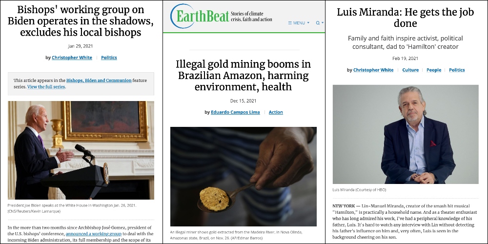Some of the 2021 coverage from the National Catholic Reporter and EarthBeat that won awards from Catholic Media Association (NCR screenshots) Some of the 2021 coverage from the National Catholic Reporter and EarthBeat that won awards from Catholic Media Association (NCR screenshots)