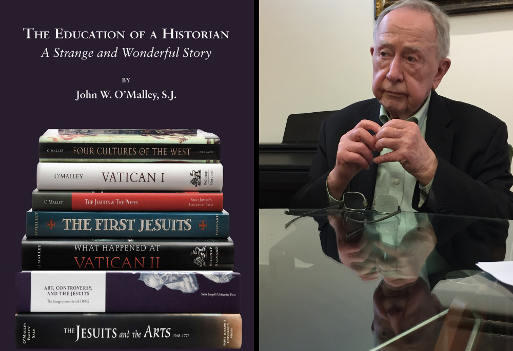 Cutline: The cover of 'The Education of a Historian: A Strange and Wonderful Story' by Jesuit Fr. John W. O'Malley; at right, O'Malley listens to a reporter's question in 2018. O'Malley died Sept. 11. (CNS photos/Courtesy of St. Joseph's University Press;