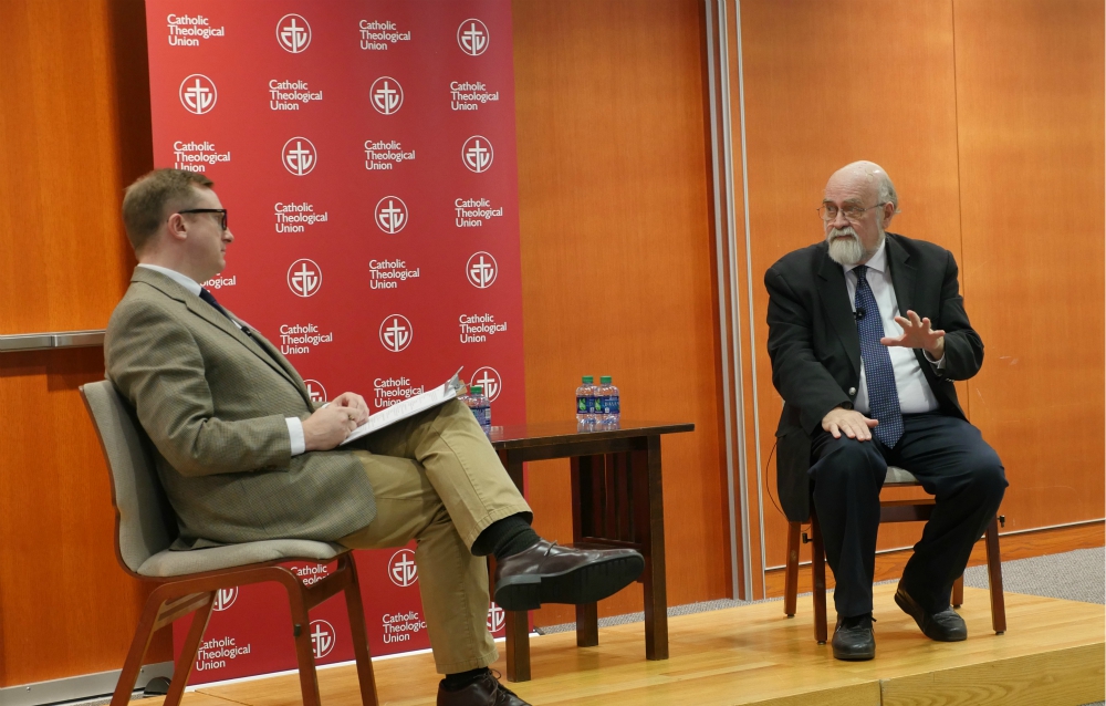 Steven Millies, left, and Precious Blood Fr. Robert Schreiter discuss "Peacebuilding at a Time of Political Polarization" in an event sponsored by the Bernardin Center at Catholic Theological Union in Chicago Dec. 1. (Catholic Theological Union) Steven Millies, left, and Precious Blood Fr. Robert Schreiter discuss "Peacebuilding at a Time of Political Polarization" in an event sponsored by the Bernardin Center at Catholic Theological Union in Chicago Dec. 1. (Catholic Theological Union)