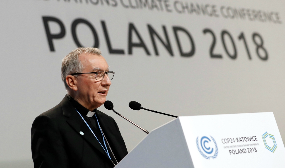 Cardinal Pietro Parolin, Vatican secretary of state, speaks Dec. 3 during the U.N. Climate Change Conference in Katowice, Poland. (CNS/Reuters/Kacper Pempel)