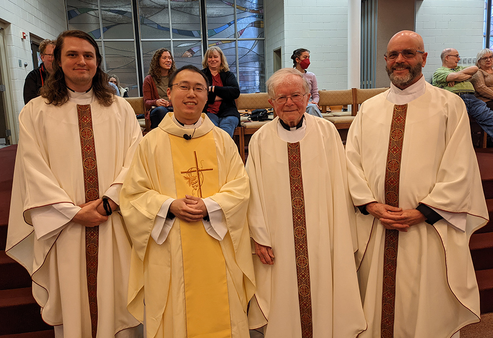 From left: Paulist Frs. Evan Cummings, Jimmy Hsu, Vinny McKiernan and Ed Nowak of the St. Thomas More Newman Center at Ohio State University are pictured in this photo. (Courtesy of Paulist Fathers) From left: Paulist Frs. Evan Cummings, Jimmy Hsu, Vinny McKiernan and Ed Nowak of the St. Thomas More Newman Center at Ohio State University are pictured in this photo. (Courtesy of Paulist Fathers)