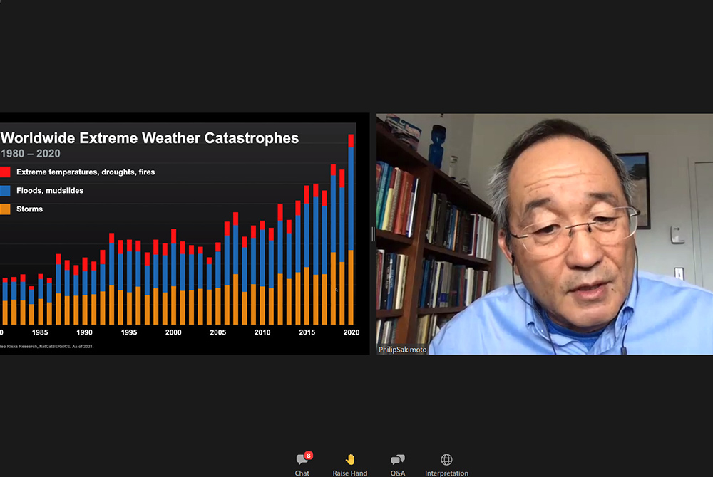 Philip Sakimoto, a past NASA official, explains the basics of climate science and the rise in extreme weather events in recent decades during the creation care team breakout session of the Laudato Si' conference July 15. (NCR screenshot)