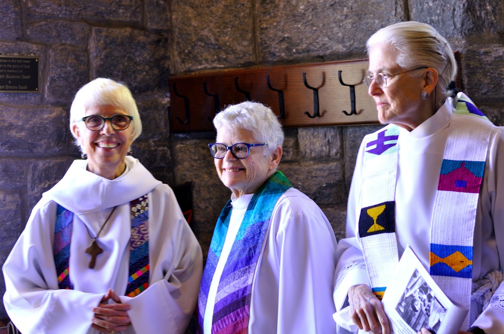 From left: Carter Heyward, Merrill Bittner and Emily Hewitt Nov. 2 at St. Philip’s Episcopal Church in Brevard, North Carolina (Darlene O’Dell)