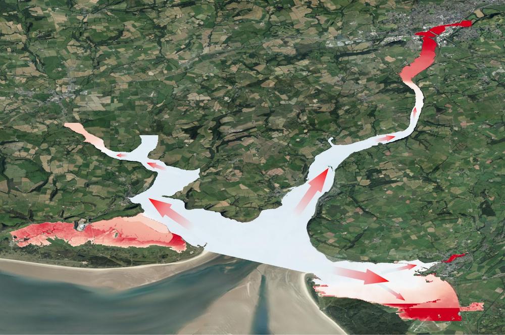 Map shows the difference in water level with and without marshland in the Three Rivers estuary complex in South Wales. Red areas indicate large reductions in water level where marsh is present, and blue-white where little to no effect was observed, showin