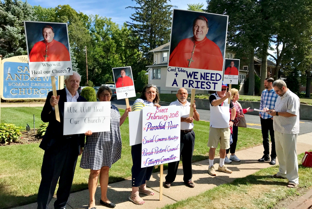 Parishioners demonstrate outside St. Andrew Church in Westwood, New Jersey, calling on the Newark Archdiocese to send a full-time pastor. (Courtesy of Mike Fitzsimmons) Parishioners demonstrate outside St. Andrew Church in Westwood, New Jersey, calling on the Newark Archdiocese to send a full-time pastor. (Courtesy of Mike Fitzsimmons)