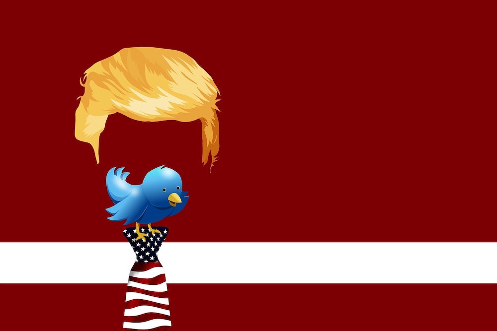 Image representing Donald Trump's hair, with a Twitter bird perched on a necktie in the colors of the American flag (Pixabay/geralt)