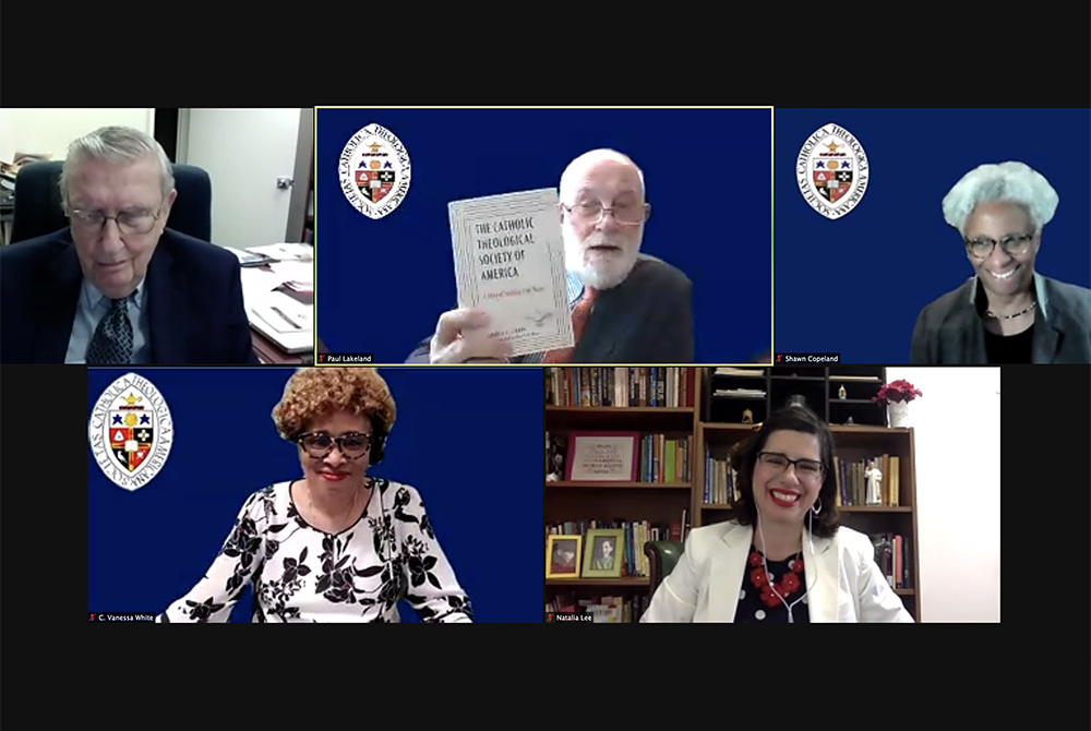 A panel discusses the 75-year history of the Catholic Theological Society of America on June 11 during the association's virtual conference, June 10-13. From top left, clockwise: Charles Curran, Paul Lakeland, M. Shawn Copeland, Natalia Imperatori-Lee and