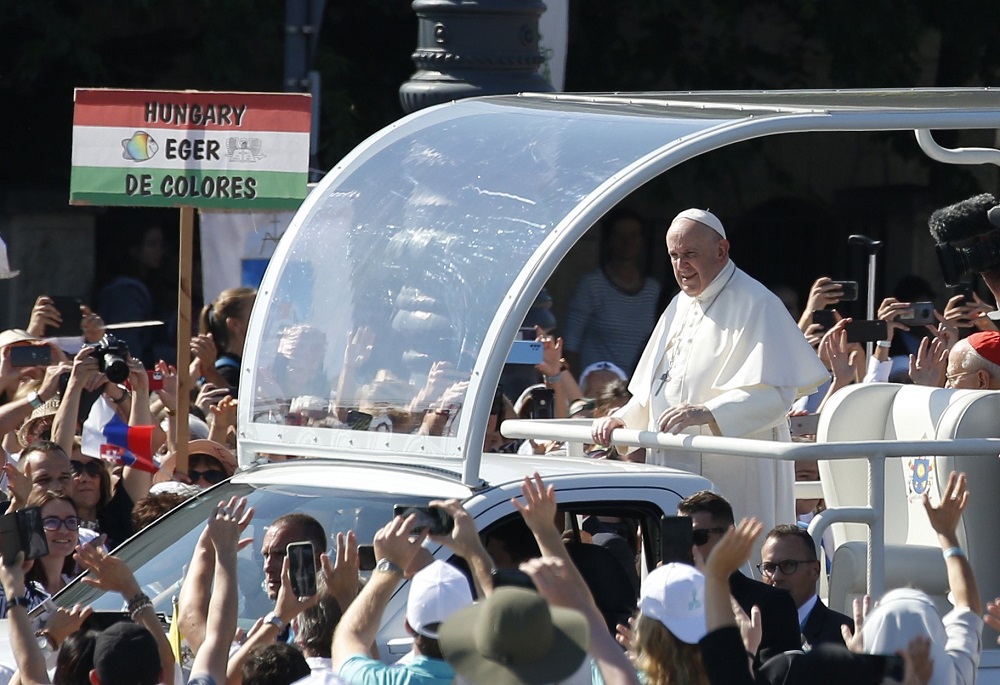Pope Francis greets the crowd before celebrating the closing Mass of the International Eucharistic Congress at Heroes' Square in Budapest, Hungary, Sept. 12, 2021.