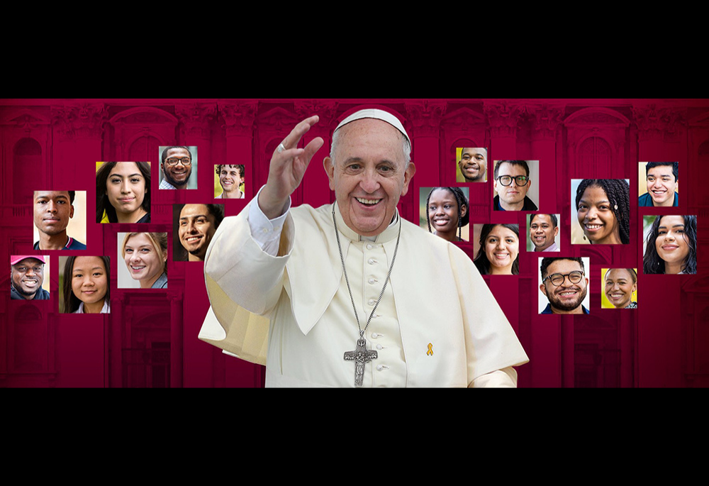 A promotional image on the website of Loyola University Chicago advertises the university's upcoming virtual meeting with Pope Francis and students from North, Central and South America Feb. 24. (CNS/Loyola University Chicago)