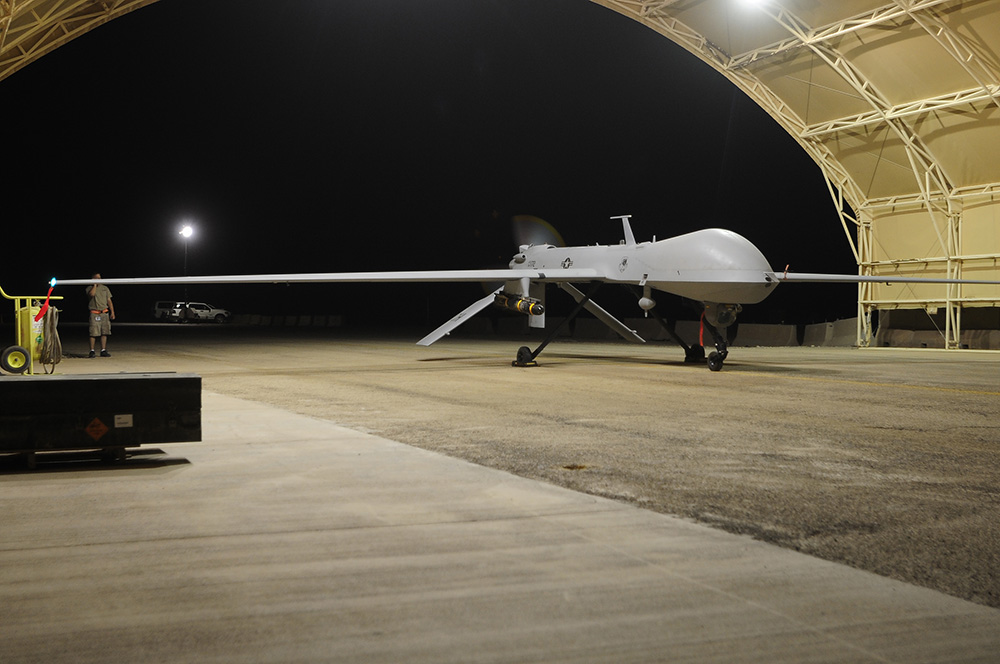 An MQ-1 Predator drone prepares to launch for a night flight mission over southeastern Iraq in July 2009. (Wikimedia Commons/U.S. Air Force/Airman 1st Class Tony Ritter)