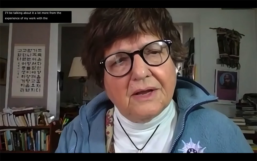 St. Joseph Sr. Helen Prejean, longtime advocate for abolishing the death penalty, speaks during the Jan. 8 online panel discussion hosted by the Georgetown University Initiative on Catholic Social Thought and Public Life. (NCR screenshot)