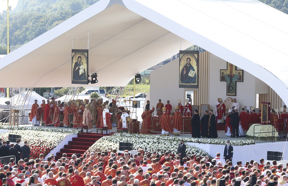 Pope Francis celebrates a Byzantine Divine Liturgy of St. John Chrysostom at Mestská športová hala Square in Prešov, Slovakia, Sept. 14, 2021.