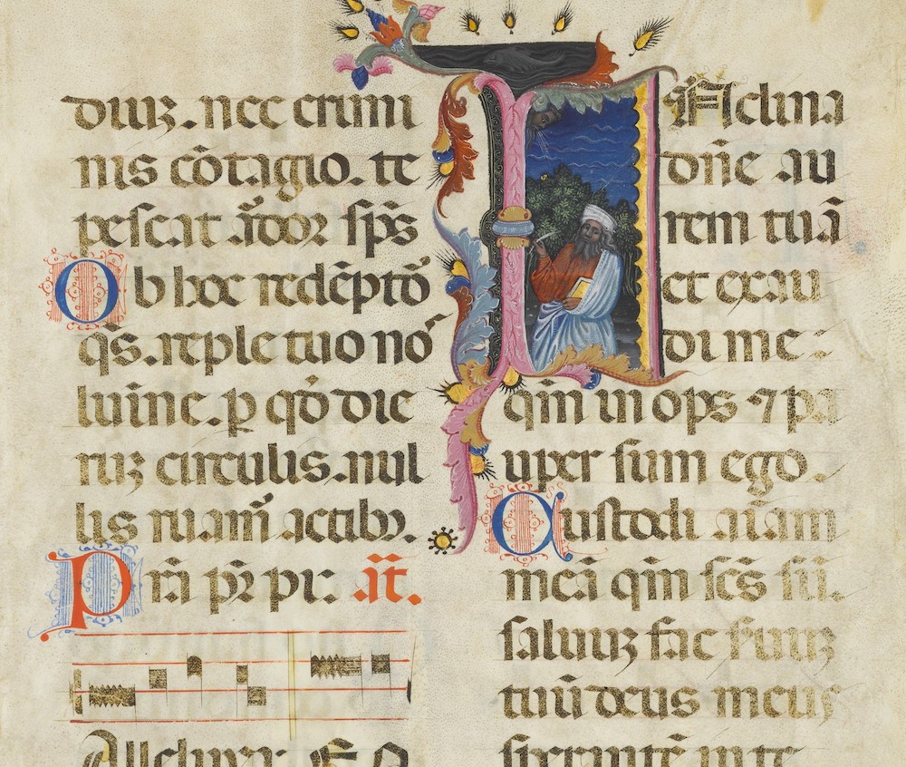 Detail of manuscript leaf with King David in an initial I, from an early 15th-century North Italian Psalter, made of tempera, gold and ink on parchment (Metropolitan Museum of Art)