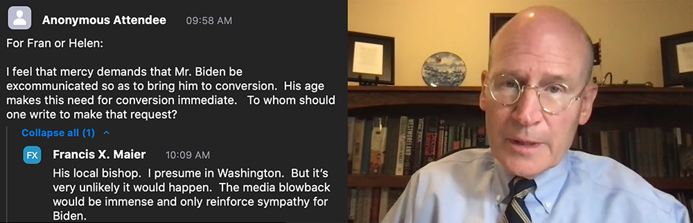 Panelist Francis Maier, seen at right during the virtual conference hosted by Villanova University's law school April 23, responds to an audience question in the Zoom chat box regarding President Joe Biden and excommunication. (NCR screenshots)