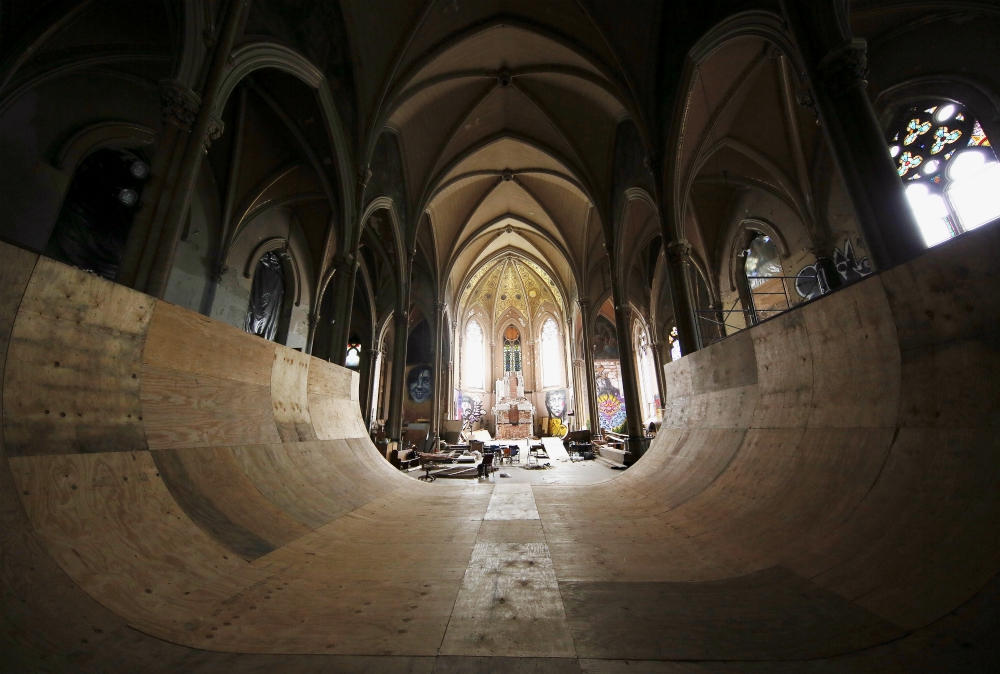 A halfpipe occupies the nave of the former St. Liborius Catholic Church in Old North St. Louis. The church has been converted into SK8 Liborious in recent years. (RNS/Bill Motchan)
