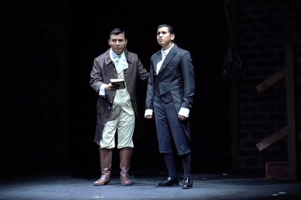 Alexander Hamilton, right, gives his life to Jesus in The Door Church's unauthorized production of the musical "Hamilton," in McAllen, Texas. (RNS/screen grab)