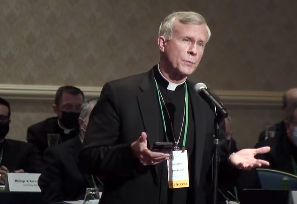 Bishop Joseph Strickland speaks during the fall General Assembly meeting of the United States Conference of Catholic Bishops, Nov. 17, 2021, in Baltimore. (RNS/Video screengrab)