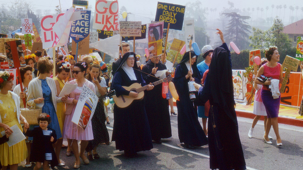 Immaculate Heart College Mary's Day celebration, 1964, seen in a still from the documentary "Rebel Hearts" (Courtesy of the Corita Art Center, Immaculate Heart Community, Los Angeles)