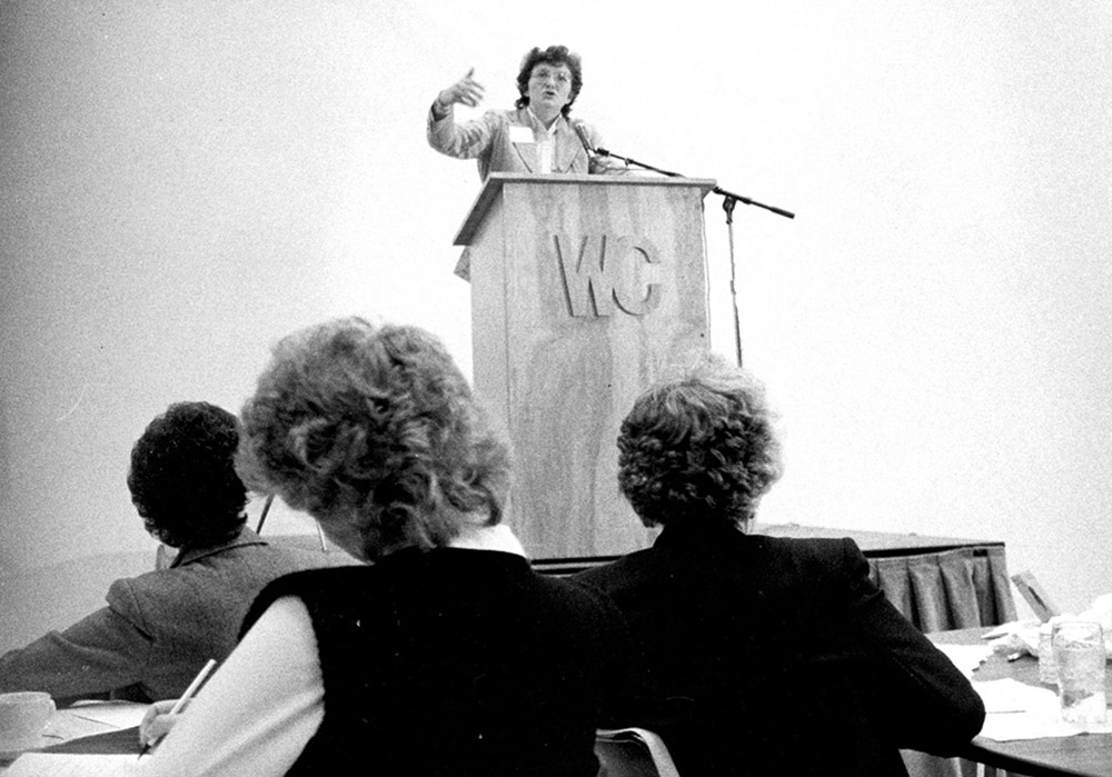 Rosemary Radford Ruether gives an address in 1984. (NCR photo/Charlene Scott Warnker)
