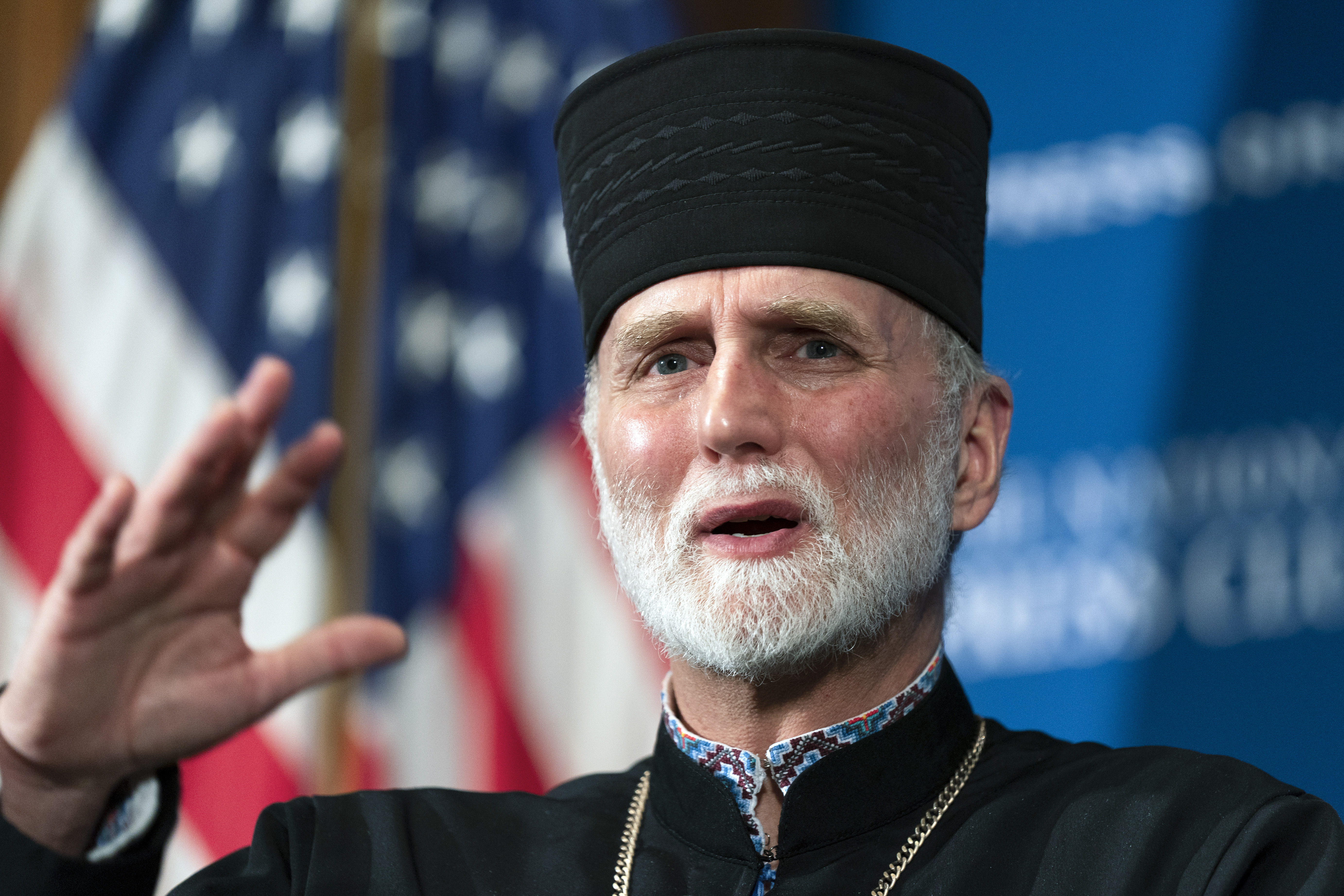 The Most Rev. Borys Gudziak, metropolitan archbishop of the Ukrainian Catholic Church in Philadelphia for the United States, speaks at the National Press Club in Washington, Tuesday, March 15, 2022. (AP Photo/Manuel Balce Ceneta)