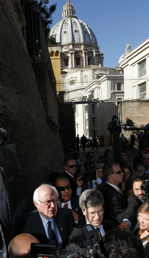 Sen. Bernie Sanders speaks to media outside the Vatican after delivering an address at a conference on Catholic social teaching April 15, 2016. (CNS/Paul Haring)