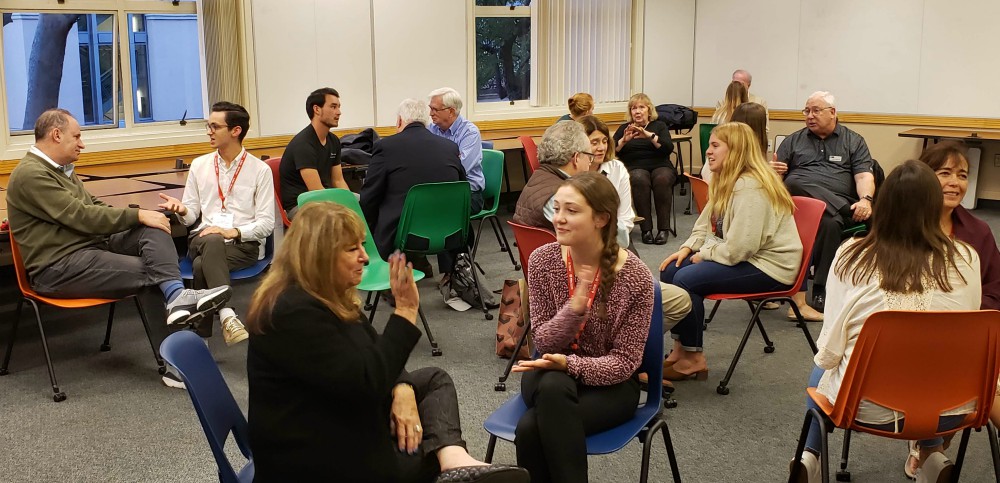 Ignatian Legacy Fellows engage with undergraduate students at Santa Clara University in California in a discussion on discerning one's vocation. (Miller Center for Social Entrepreneurship/Keith Warner)