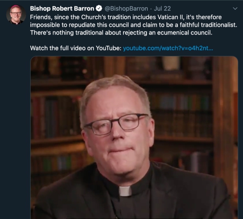 Los Angeles Auxiliary Bishop Robert Barron promotes his YouTube video " What Is Your Opinion on Catholic Traditionalism?" in a July 22 tweet. (Twitter screenshot/BishopBarron)