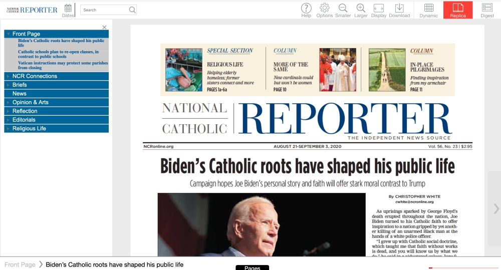 The eNCR replica of the most recent print edition of National Catholic Reporter (NCR screenshot)