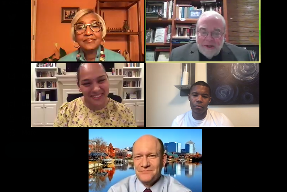 From top row, left to right: Cynthia Hale, pastor of the Ray of Hope Christian Church in Georgia; the Rev. Jim Wallis; Nichole Flores, professor of religious studies at the University of Virginia; actor Gaius Charles; and Sen. Chris Coons D-Del., particip