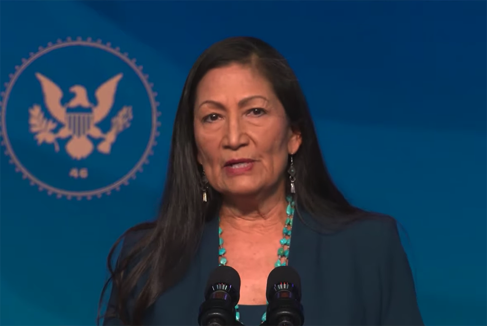 Rep. Deb Haaland (D-N.M.) speaks Dec. 19. Haaland would become the first Native American in a Cabinet position. (NCR screenshot/YouTube/Joe Biden)