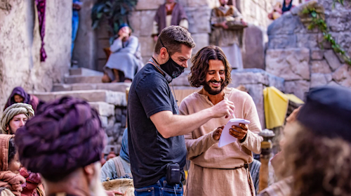 Director Dallas Jenkins, left, speaks with actor Jonathan Roumie, who portrays Jesus Christ, on the set of "The Chosen." (Photo courtesy of Angel Studios)