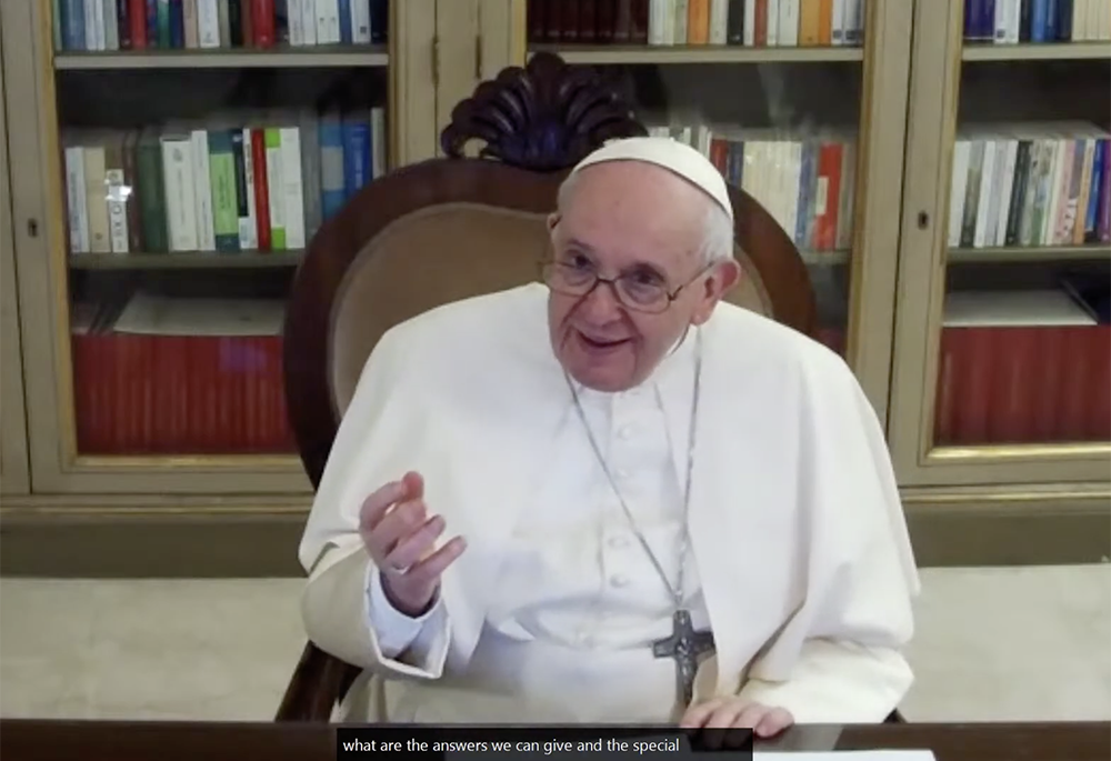Pope Francis speaks during a virtual dialogue with Catholic university students from across the Americas Feb. 24. (NCR screenshot/YouTube) Pope Francis speaks during a virtual dialogue with Catholic university students from across the Americas Feb. 24. (NCR screenshot/YouTube)