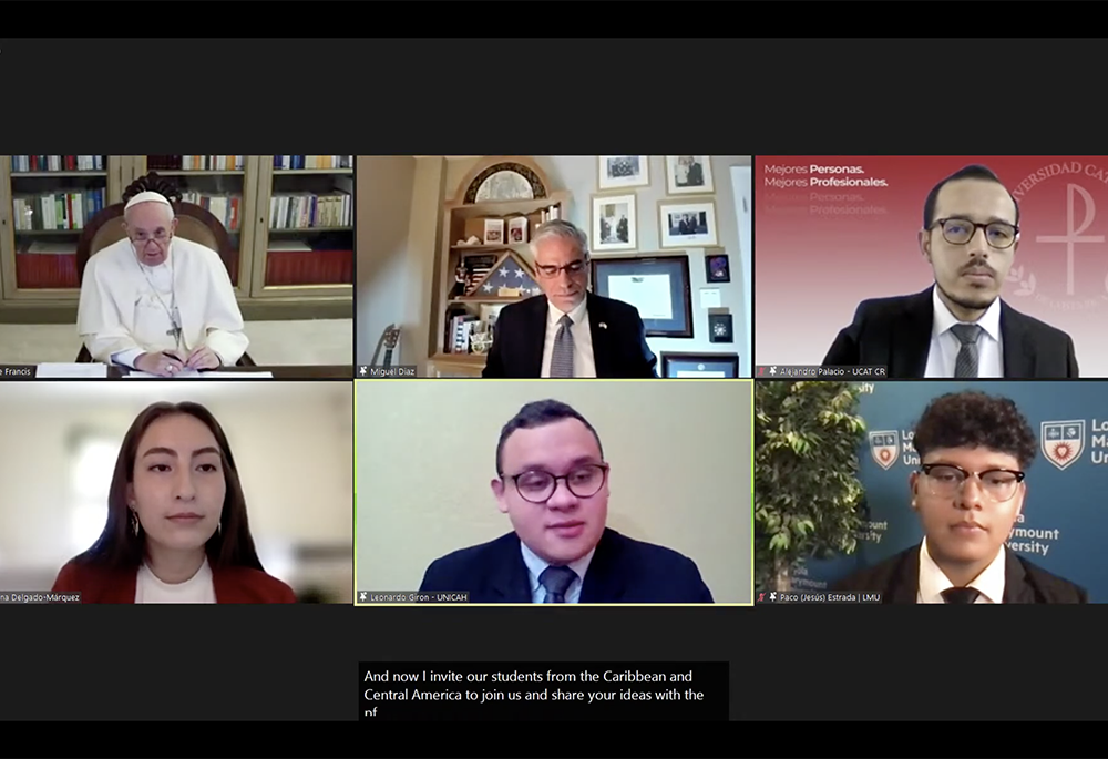 Pope Francis listens to Catholic university students during a virtual dialogue Feb. 24, which Loyola University Chicago hosted in collaboration with Catholic universities and colleges in North, Central and South America, as well as the Caribbean. (NCR)