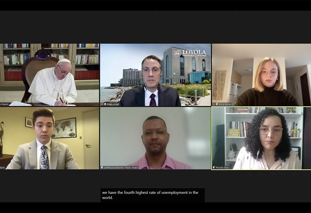 Pope Francis listens to Catholic university students during a virtual dialogue Feb. 24, which Loyola University Chicago hosted in collaboration with Catholic universities and colleges in North, Central and South America, as well as the Caribbean. (NCR) Pope Francis listens to Catholic university students during a virtual dialogue Feb. 24, which Loyola University Chicago hosted in collaboration with Catholic universities and colleges in North, Central and South America, as well as the Caribbean. (NCR)