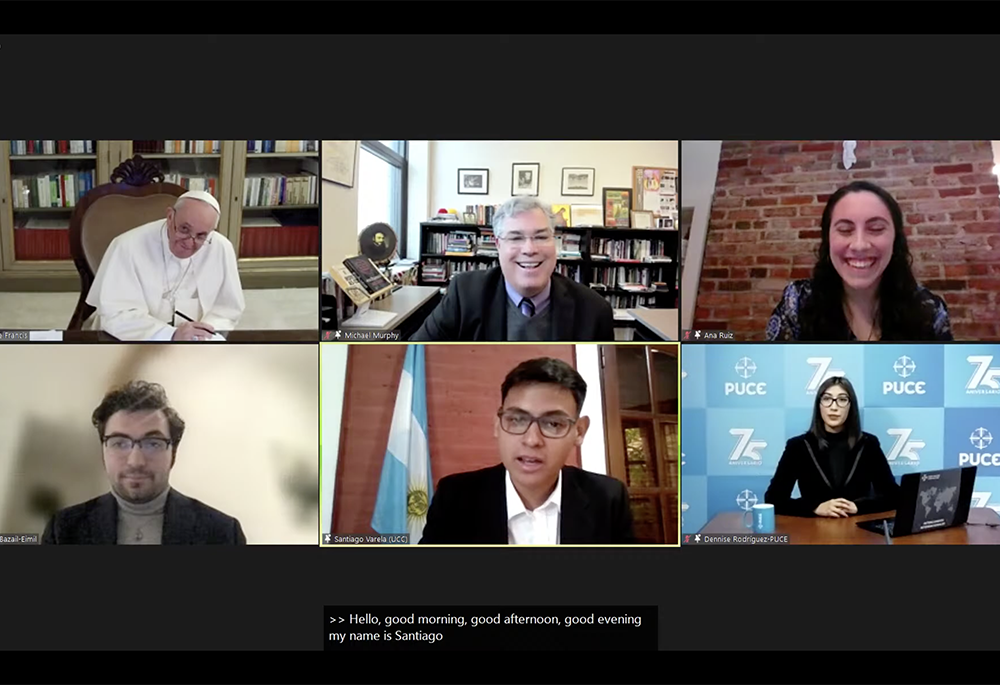 Pope Francis listens to Catholic university students during a virtual dialogue Feb. 24, which Loyola University Chicago hosted in collaboration with Catholic universities and colleges in North, Central and South America, as well as the Caribbean. (NCR) Pope Francis listens to Catholic university students during a virtual dialogue Feb. 24, which Loyola University Chicago hosted in collaboration with Catholic universities and colleges in North, Central and South America, as well as the Caribbean. (NCR)