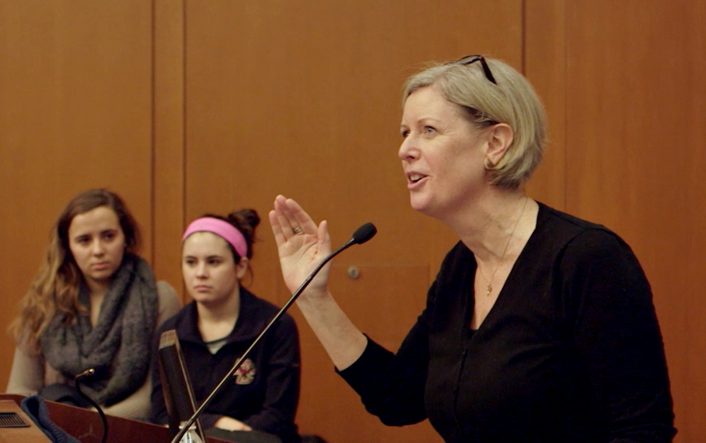 Boston College Professor Kerry Cronin speaks to students on campus. (David Bolen)