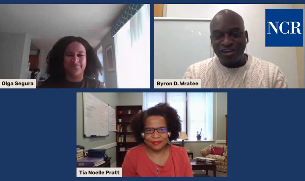 NCR culture/opinion editor Olga Segura speaks to Tia Noelle Pratt, courtesy assistant professor of sociology at Villanova University, and Byron Wratee, a doctoral candidate in systematic theology at Boston College. (NCR screengrab/YouTube)