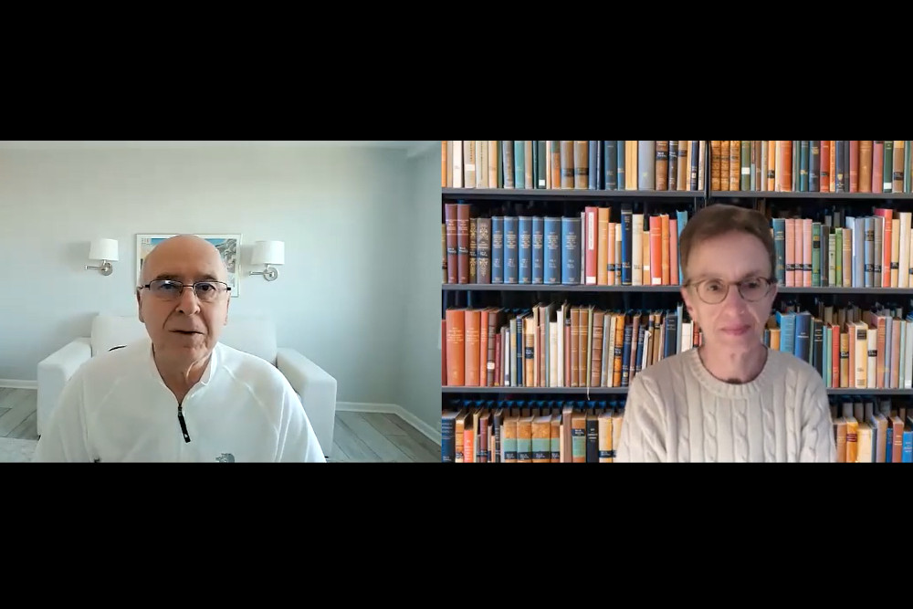 Soul Seeing for Lent host Michael Leach and Franciscan Sr. Ilia Delio, the Josephine C. Connelly Endowed Chair in Theology at Villanova University. (NCR screengrab/YouTube)