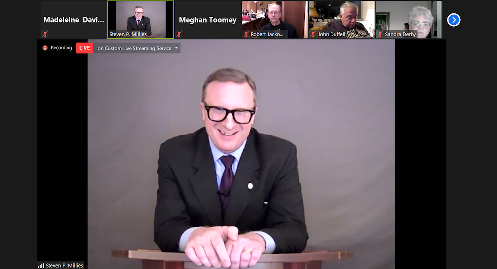 Steven P. Millies, center, speaks during the virtual 2020 Pierre Teilhard de Chardin, S.J. Lecture hosted by the Loyola University Chicago Oct. 29. 