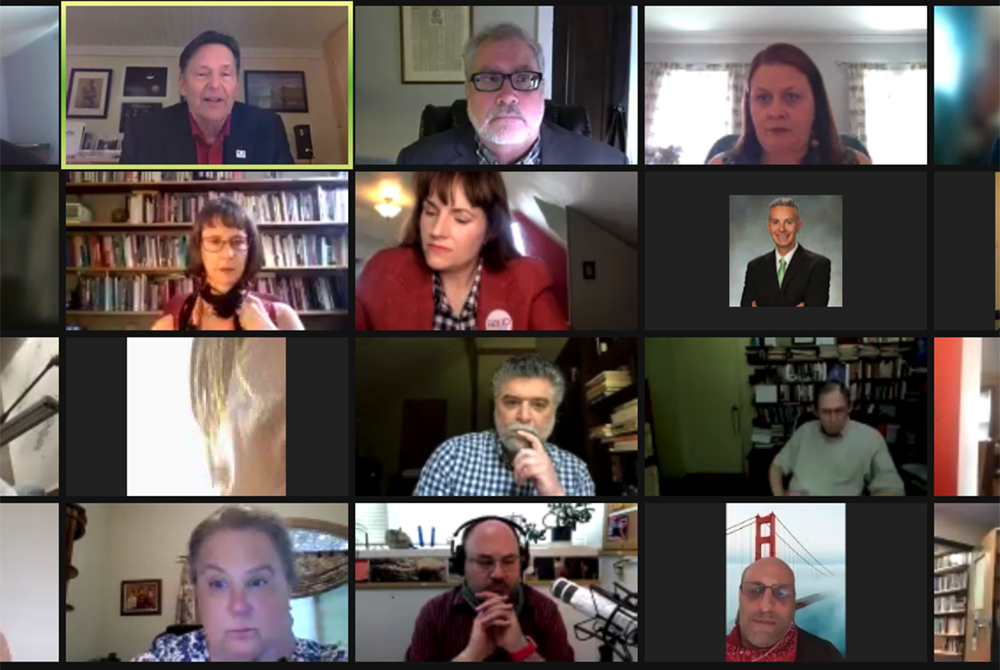 A May 26 press conference with people representing the American Association of University Professors to discuss a report detailing investigations into shared governance violations at eight institutions (NCR screenshot)