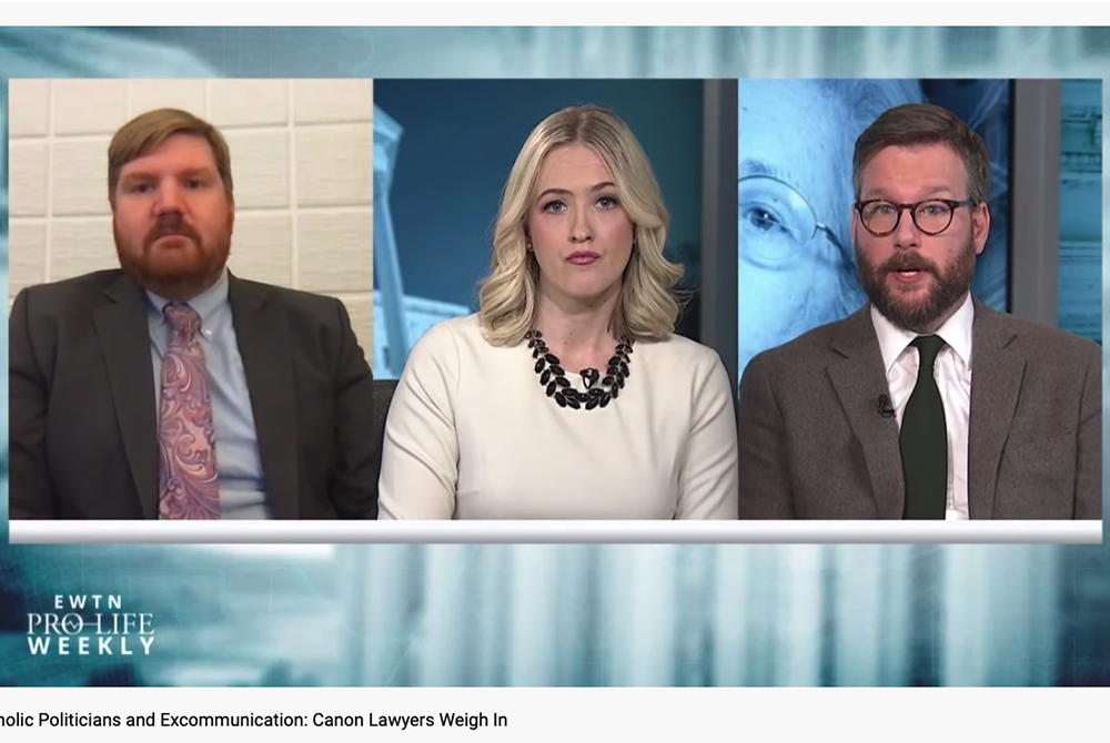 J.D. Flynn, left, then-editor-in-chief of Catholic News Agency, and Ed Condon, right, then-DC bureau chief for CNA, weigh in as canon lawyers on EWTN Pro-Life Weekly with Catherine Hadro in April 2019. (NCR screenshot/YouTube/EWTN)