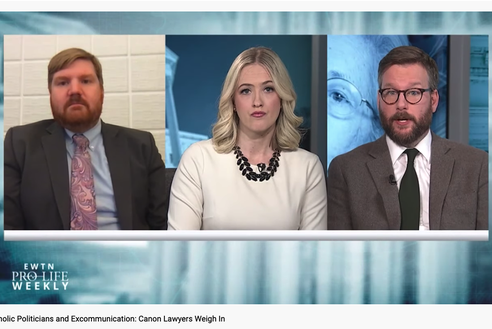 Screenshot of Flynn and Condon 2019 J.D. Flynn, left, then-editor-in-chief of Catholic News Agency, and Ed Condon, right, then-DC bureau chief for CNA, weigh in as canon lawyers on EWTN Pro-Life Weekly with Catherine Hadro in April 2019. (NCR screenshot/YouTube/EWTN)