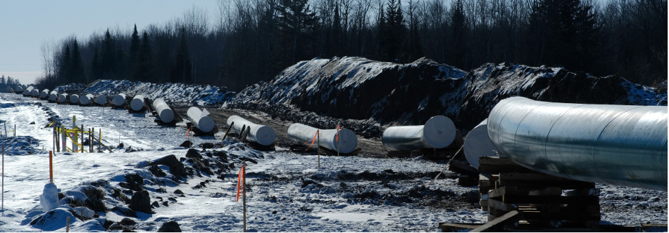 Sections of pipe await placement near Grand Rapids, Minnesota, for the Enbridge Line 3 project. (Photo by Mary Annette Pember, Indian Country Today)