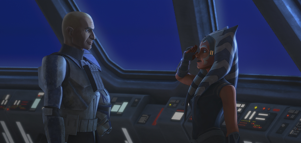 Ahsoka (Ashley Eckstein), right, salutes Commander Rex (Dee Bradley Baker) in Episode 711 of "Star Wars: The Clone Wars." (Disney+)