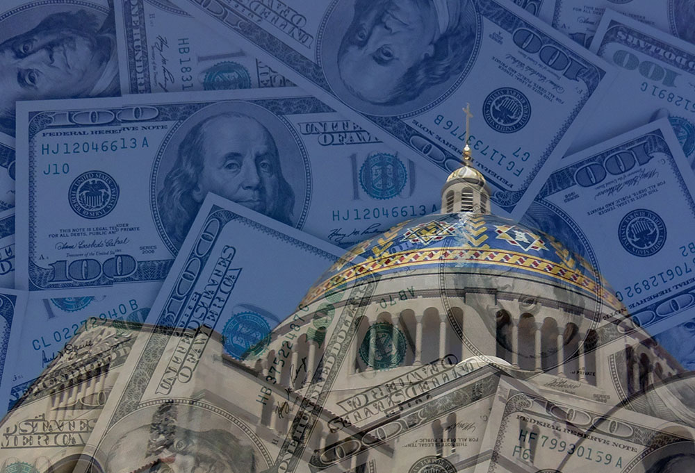 (NCR illustration/National Shrine photo by Wikimedia Commons/Farragutful; money photo by Unsplash/Mackenzie Marco)