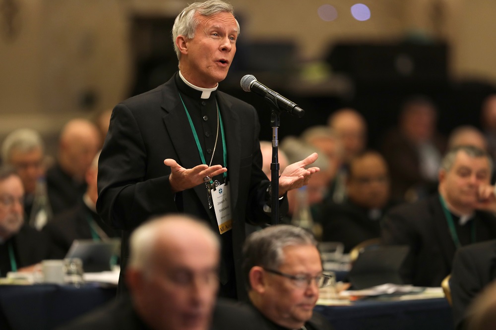 Bishop Joseph Strickland of Tyler, Texas, speaks from the floor during the fall general assembly of the U.S. Conference of Catholic Bishops in Baltimore Nov. 11, 2019. (CNS/Bob Roller)
