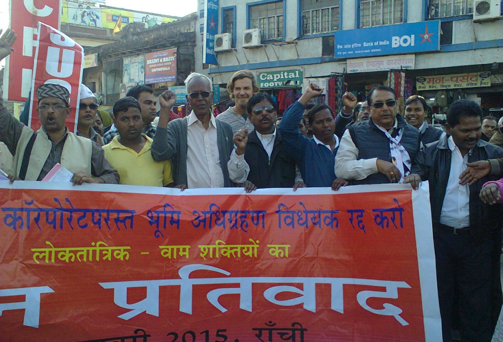Jesuit Fr. Stan Swamy participates in a protest against corporate land acquisition. (Dan Solomon) Jesuit Fr. Stan Swamy participates in a protest against corporate land acquisition. (Dan Solomon)